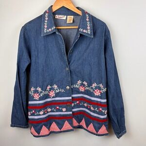 Casual Womens Denim Jacket Floral Embroidery Red Gingham Size LCottagecare